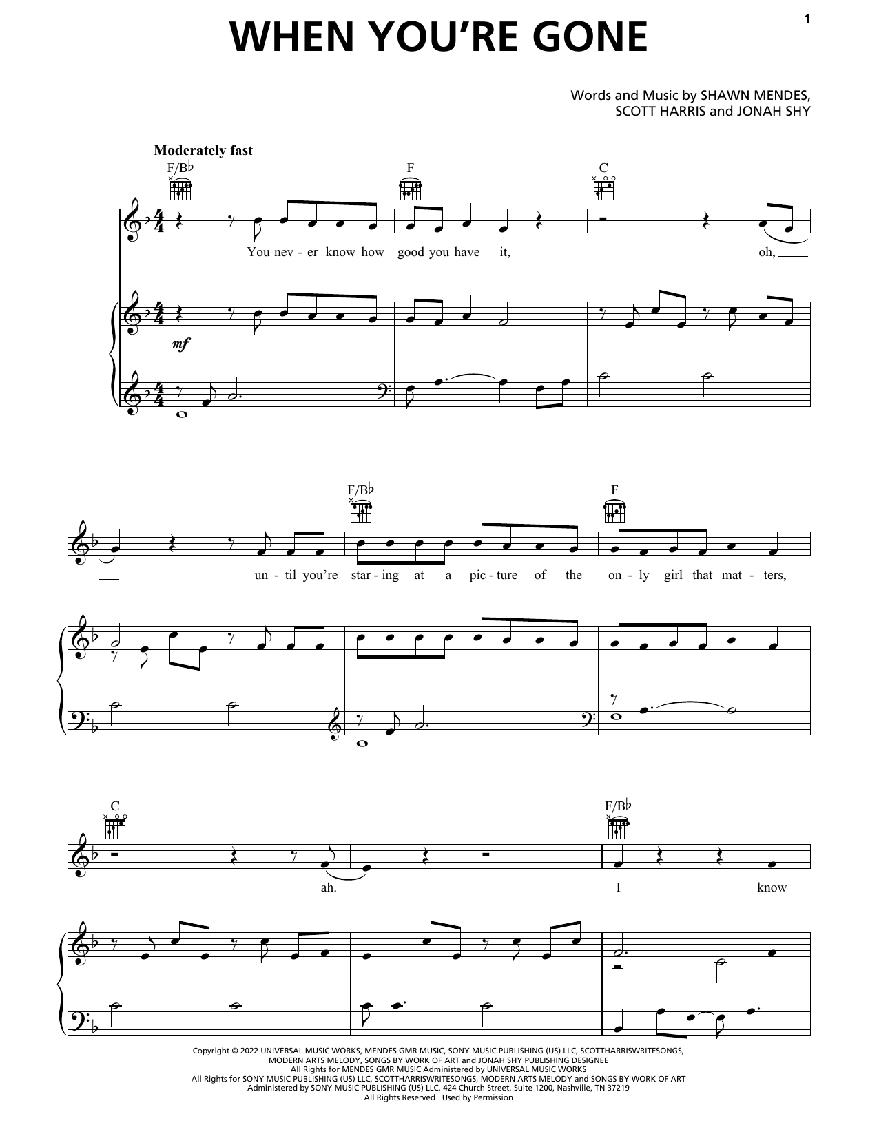 Shawn Mendes When You're Gone Sheet Music Notes & Chords for Piano, Vocal & Guitar Chords (Right-Hand Melody) - Download or Print PDF