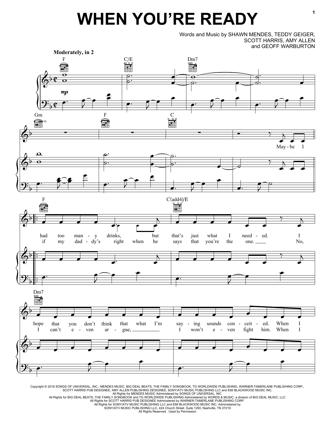 Shawn Mendes When You're Ready Sheet Music Notes & Chords for Piano, Vocal & Guitar (Right-Hand Melody) - Download or Print PDF