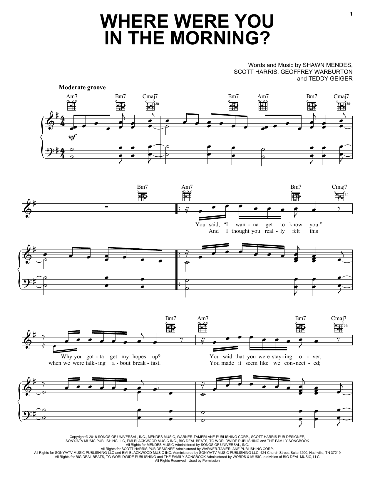 Shawn Mendes Where Were You In The Morning? Sheet Music Notes & Chords for Piano, Vocal & Guitar (Right-Hand Melody) - Download or Print PDF