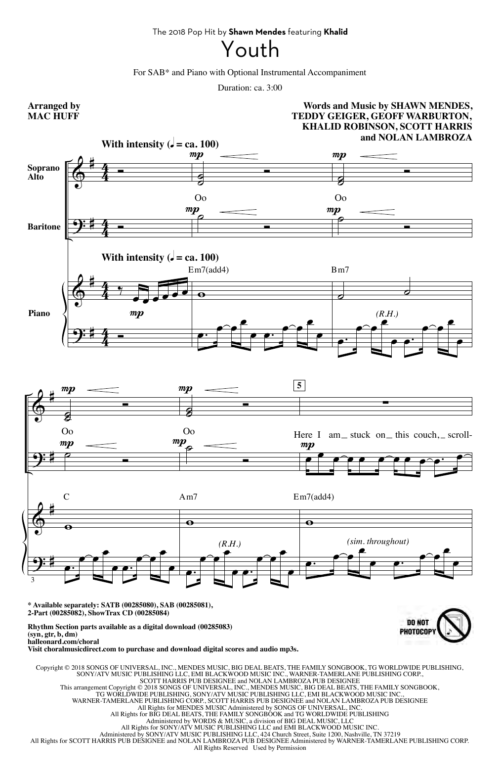 Shawn Mendes Youth (feat. Khalid) (arr. Mac Huff) Sheet Music Notes & Chords for SAB Choir - Download or Print PDF