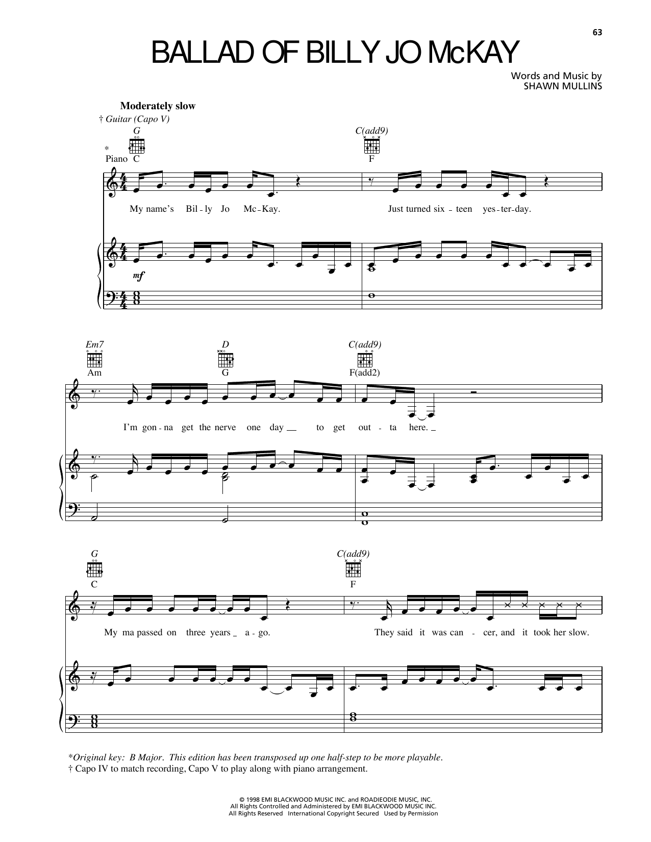 Shawn Mullins Ballad Of Billy Jo McKay Sheet Music Notes & Chords for Piano, Vocal & Guitar Chords (Right-Hand Melody) - Download or Print PDF Shawn Mullins Ballad Of Billy Jo McKay Sheet Music Notes & Chords for Piano, Vocal & Guitar Chords (Right-Hand Melody) - Download or Print PDF