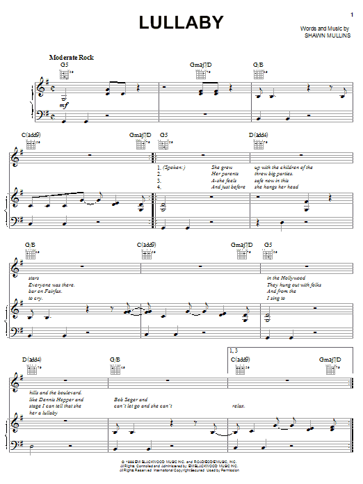 Shawn Mullins Lullaby Sheet Music Notes & Chords for Piano, Vocal & Guitar (Right-Hand Melody) - Download or Print PDF