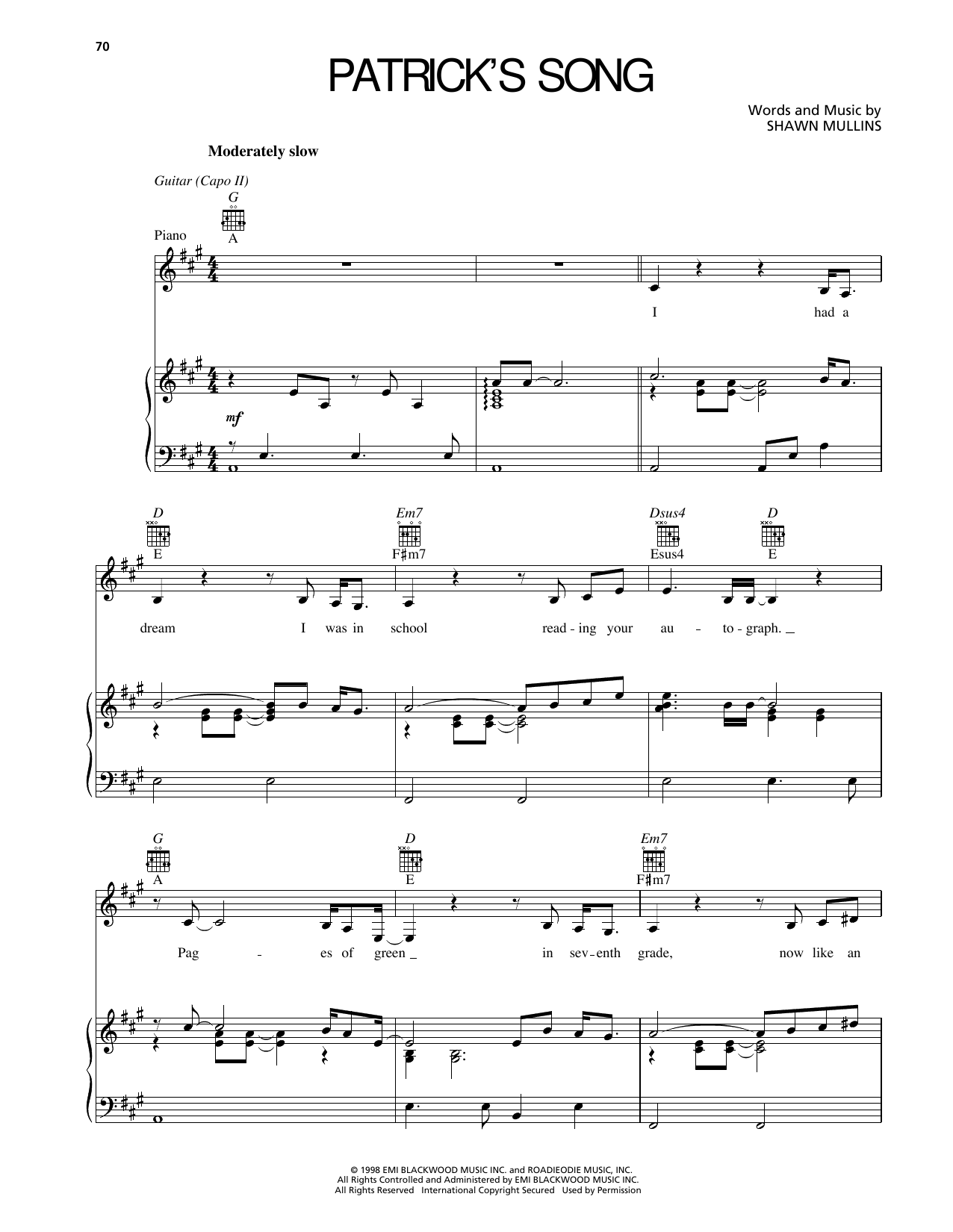 Shawn Mullins Patrick's Song Sheet Music Notes & Chords for Piano, Vocal & Guitar Chords (Right-Hand Melody) - Download or Print PDF