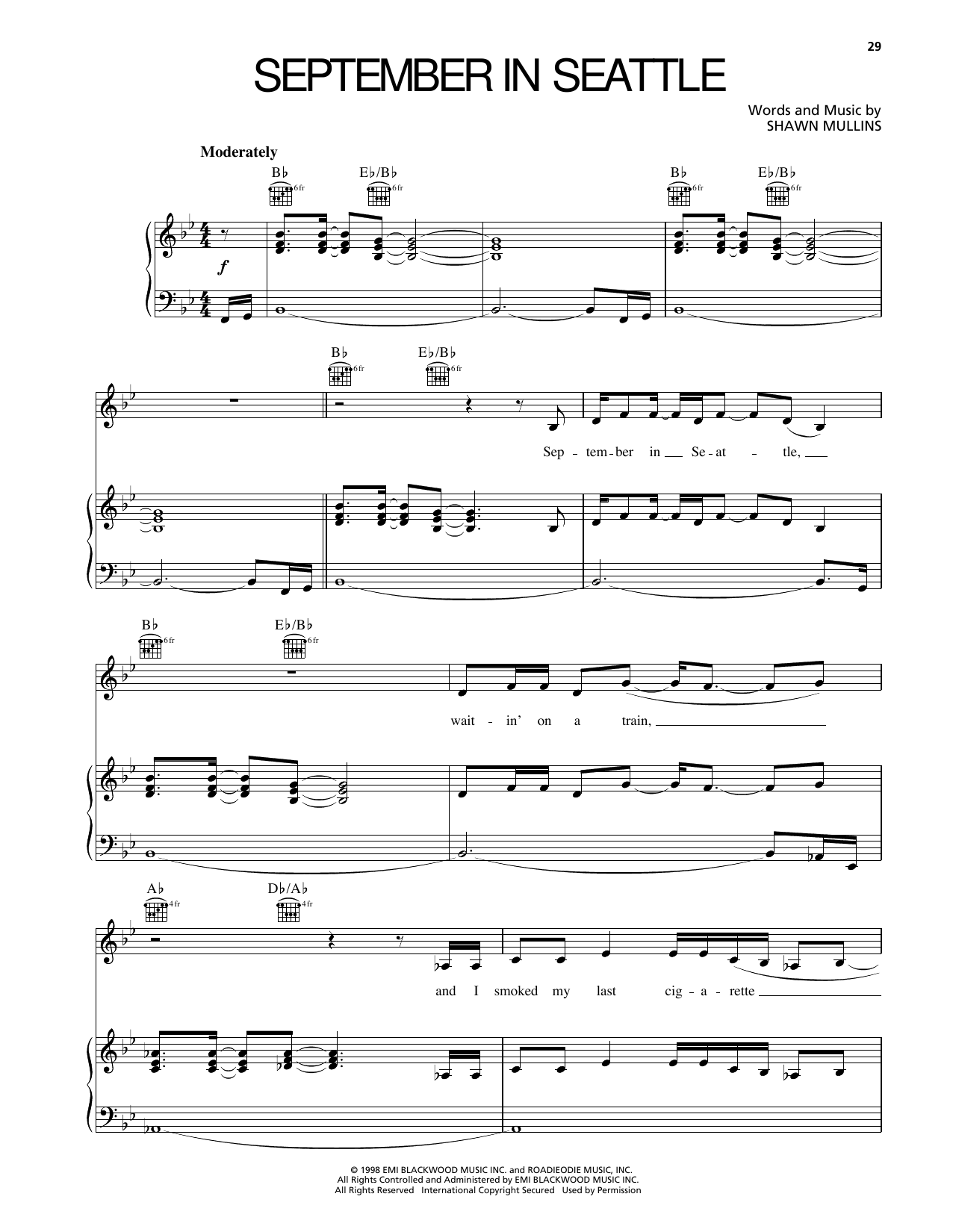 Shawn Mullins September In Seattle Sheet Music Notes & Chords for Piano, Vocal & Guitar Chords (Right-Hand Melody) - Download or Print PDF Shawn Mullins September In Seattle Sheet Music Notes & Chords for Piano, Vocal & Guitar Chords (Right-Hand Melody) - Download or Print PDF