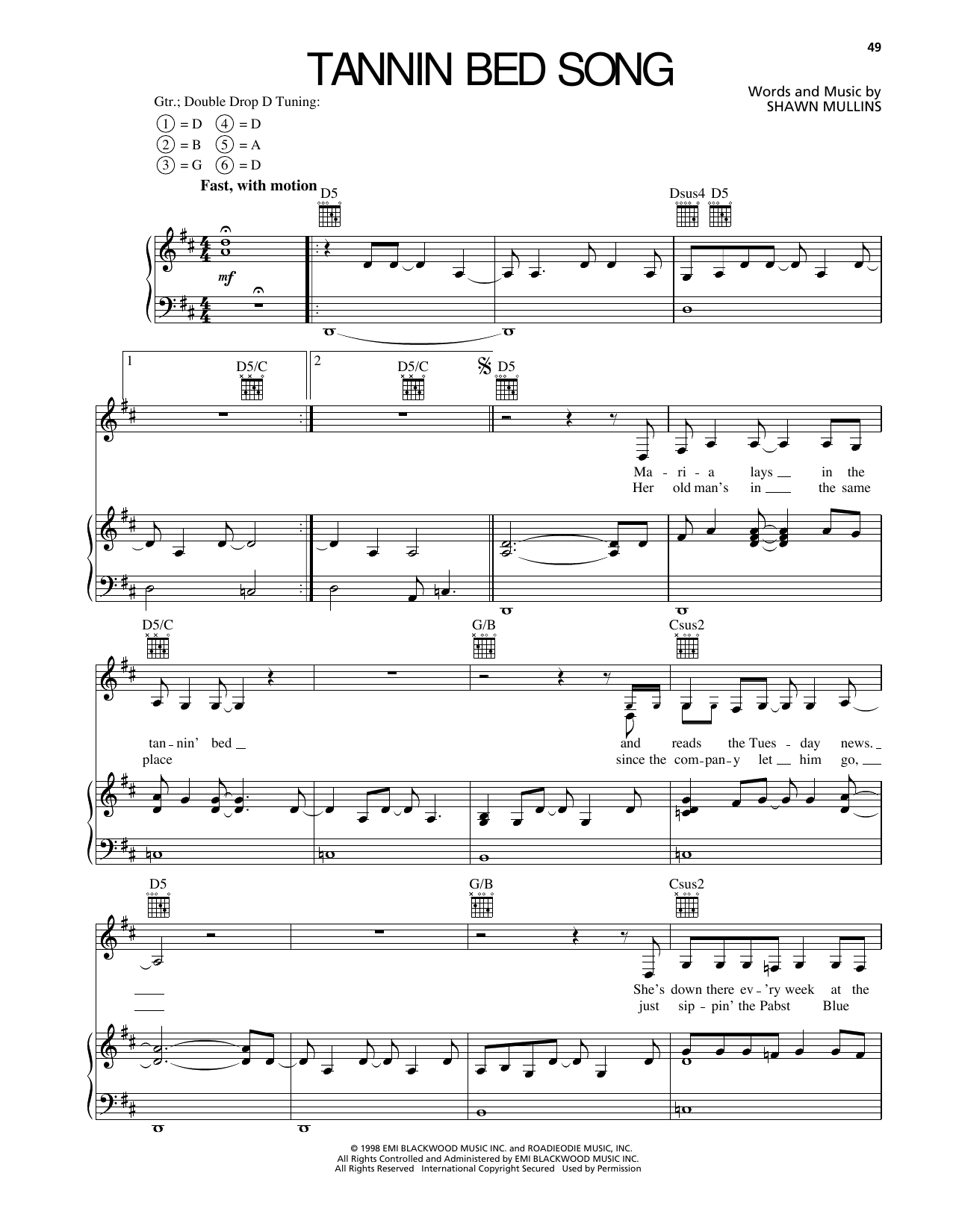 Shawn Mullins Tannin Bed Song Sheet Music Notes & Chords for Piano, Vocal & Guitar Chords (Right-Hand Melody) - Download or Print PDF Shawn Mullins Tannin Bed Song Sheet Music Notes & Chords for Piano, Vocal & Guitar Chords (Right-Hand Melody) - Download or Print PDF