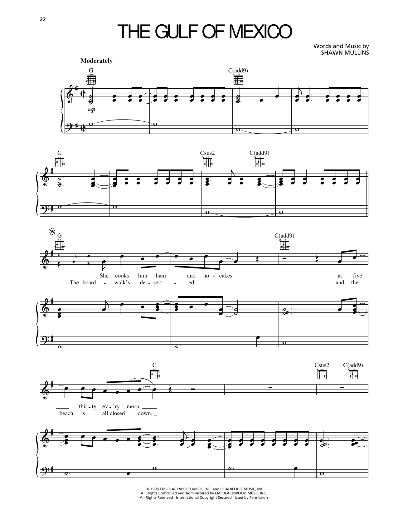 Shawn Mullins The Gulf Of Mexico Sheet Music Notes & Chords for Piano, Vocal & Guitar Chords (Right-Hand Melody) - Download or Print PDF Shawn Mullins The Gulf Of Mexico Sheet Music Notes & Chords for Piano, Vocal & Guitar Chords (Right-Hand Melody) - Download or Print PDF