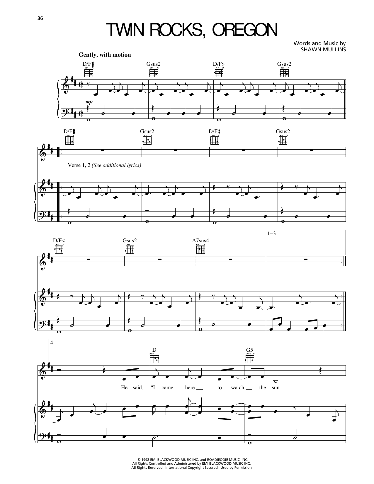 Shawn Mullins Twin Rocks, Oregon Sheet Music Notes & Chords for Piano, Vocal & Guitar Chords (Right-Hand Melody) - Download or Print PDF Shawn Mullins Twin Rocks, Oregon Sheet Music Notes & Chords for Piano, Vocal & Guitar Chords (Right-Hand Melody) - Download or Print PDF