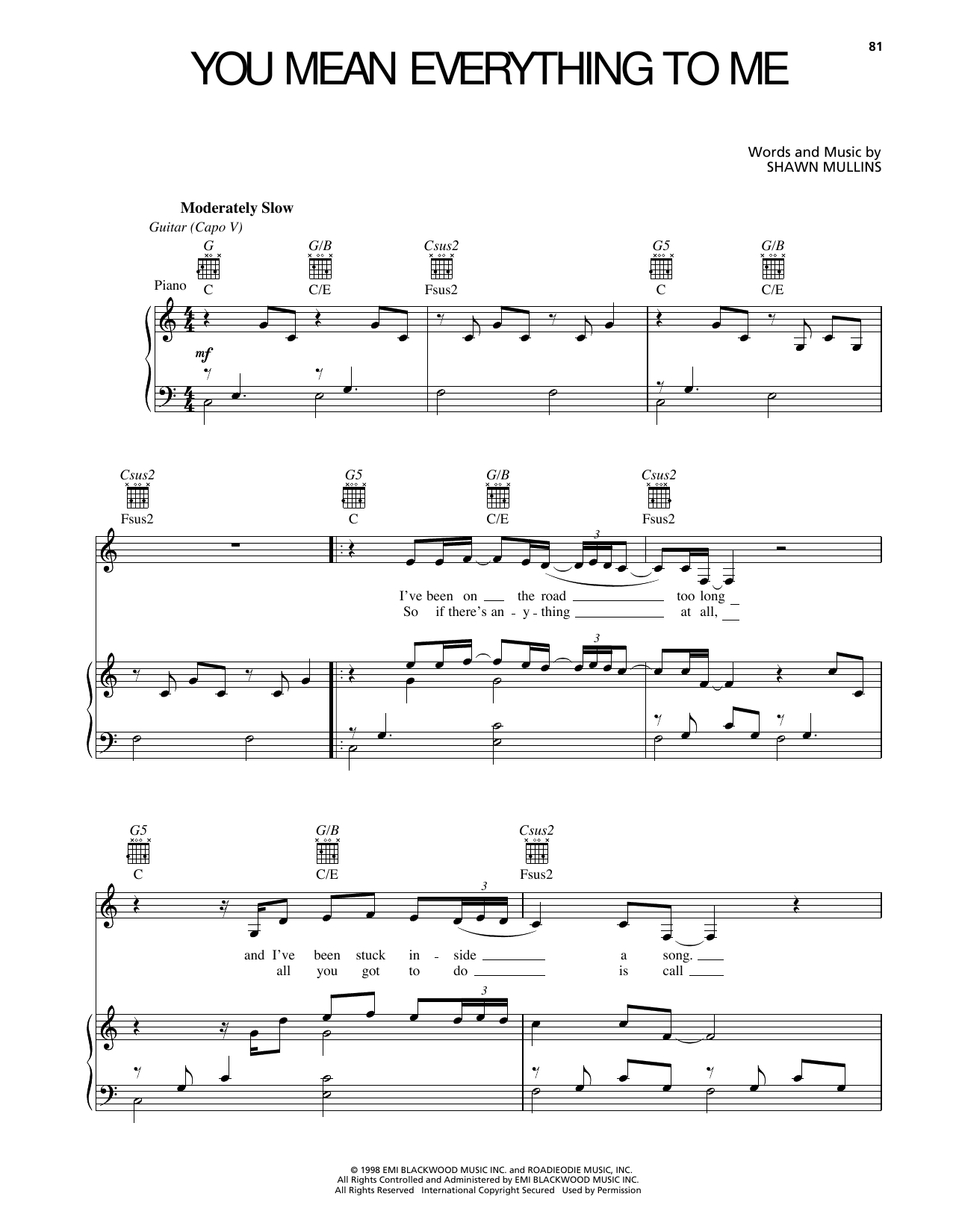 Shawn Mullins You Mean Everything To Me Sheet Music Notes & Chords for Piano, Vocal & Guitar Chords (Right-Hand Melody) - Download or Print PDF