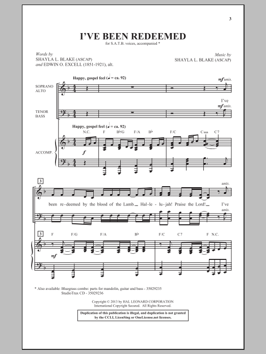 Shayla Blake I've Been Redeemed Sheet Music Notes & Chords for SATB - Download or Print PDF