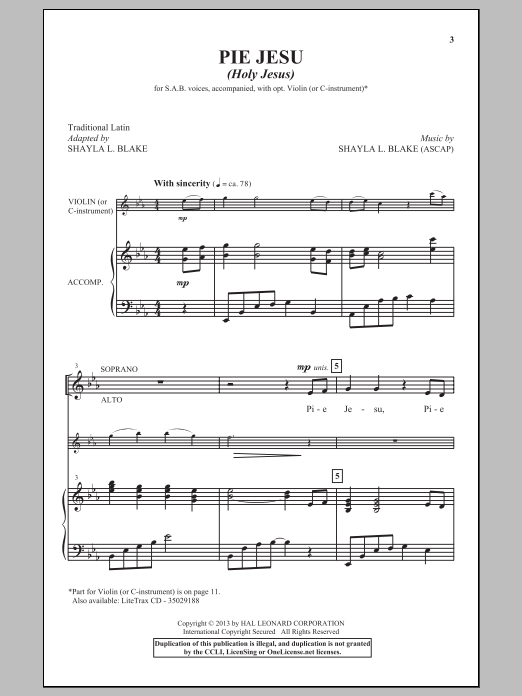 Shayla Blake Pie Jesu (Holy Jesus) Sheet Music Notes & Chords for SAB - Download or Print PDF