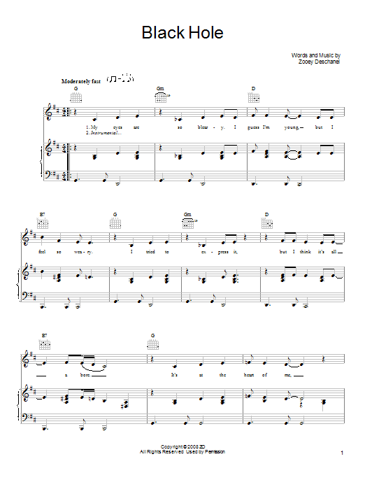 She & Him Black Hole Sheet Music Notes & Chords for Piano, Vocal & Guitar (Right-Hand Melody) - Download or Print PDF
