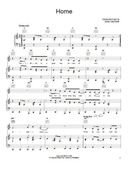 She & Him Home Sheet Music Notes & Chords for Piano, Vocal & Guitar (Right-Hand Melody) - Download or Print PDF