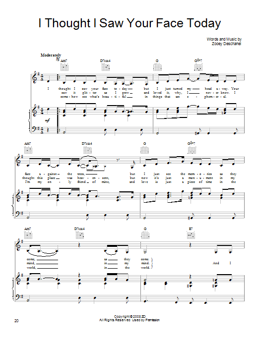 She & Him I Thought I Saw Your Face Today Sheet Music Notes & Chords for Piano, Vocal & Guitar (Right-Hand Melody) - Download or Print PDF