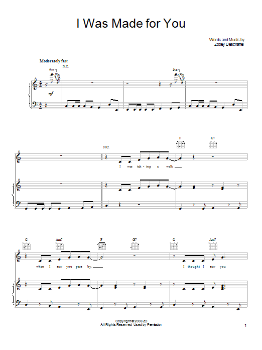 She & Him I Was Made For You Sheet Music Notes & Chords for Piano, Vocal & Guitar (Right-Hand Melody) - Download or Print PDF