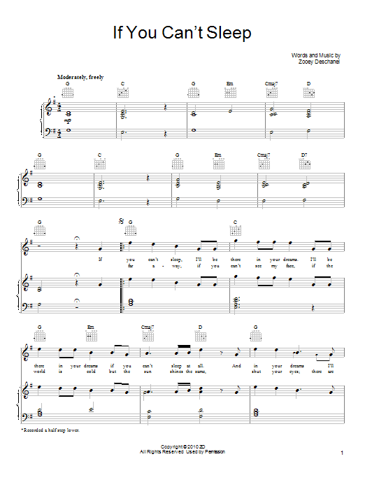 She & Him If You Can't Sleep Sheet Music Notes & Chords for Piano, Vocal & Guitar (Right-Hand Melody) - Download or Print PDF