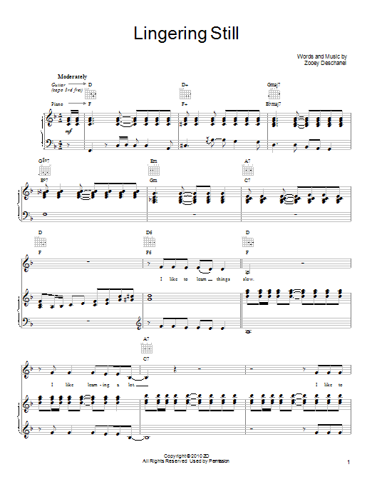 She & Him Lingering Still Sheet Music Notes & Chords for Piano, Vocal & Guitar (Right-Hand Melody) - Download or Print PDF