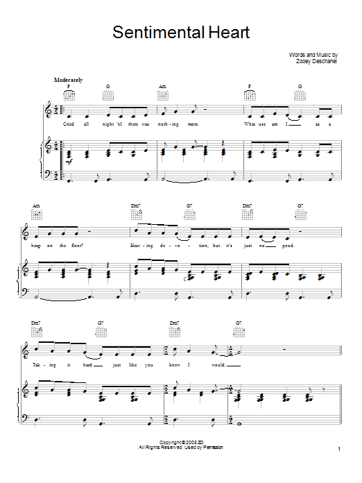 She & Him Sentimental Heart Sheet Music Notes & Chords for Piano, Vocal & Guitar (Right-Hand Melody) - Download or Print PDF