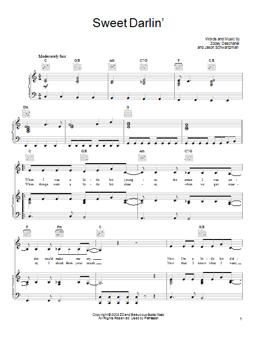 She & Him Sweet Darlin' Sheet Music Notes & Chords for Piano, Vocal & Guitar (Right-Hand Melody) - Download or Print PDF