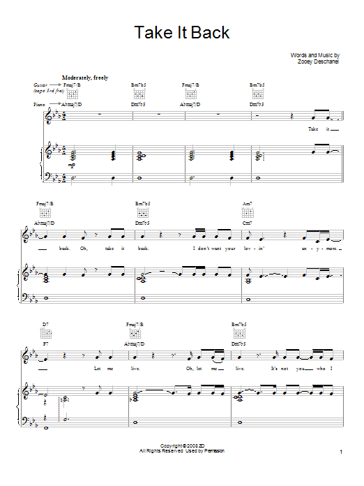 She & Him Take It Back Sheet Music Notes & Chords for Piano, Vocal & Guitar (Right-Hand Melody) - Download or Print PDF