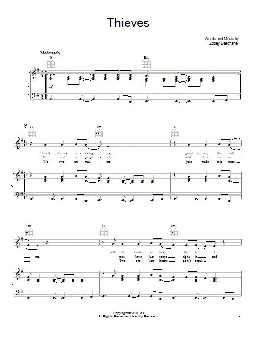 She & Him Thieves Sheet Music Notes & Chords for Piano, Vocal & Guitar (Right-Hand Melody) - Download or Print PDF