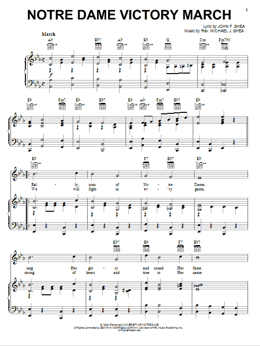 Shea & Shea Notre Dame Victory March Sheet Music Notes & Chords for Piano, Vocal & Guitar (Right-Hand Melody) - Download or Print PDF