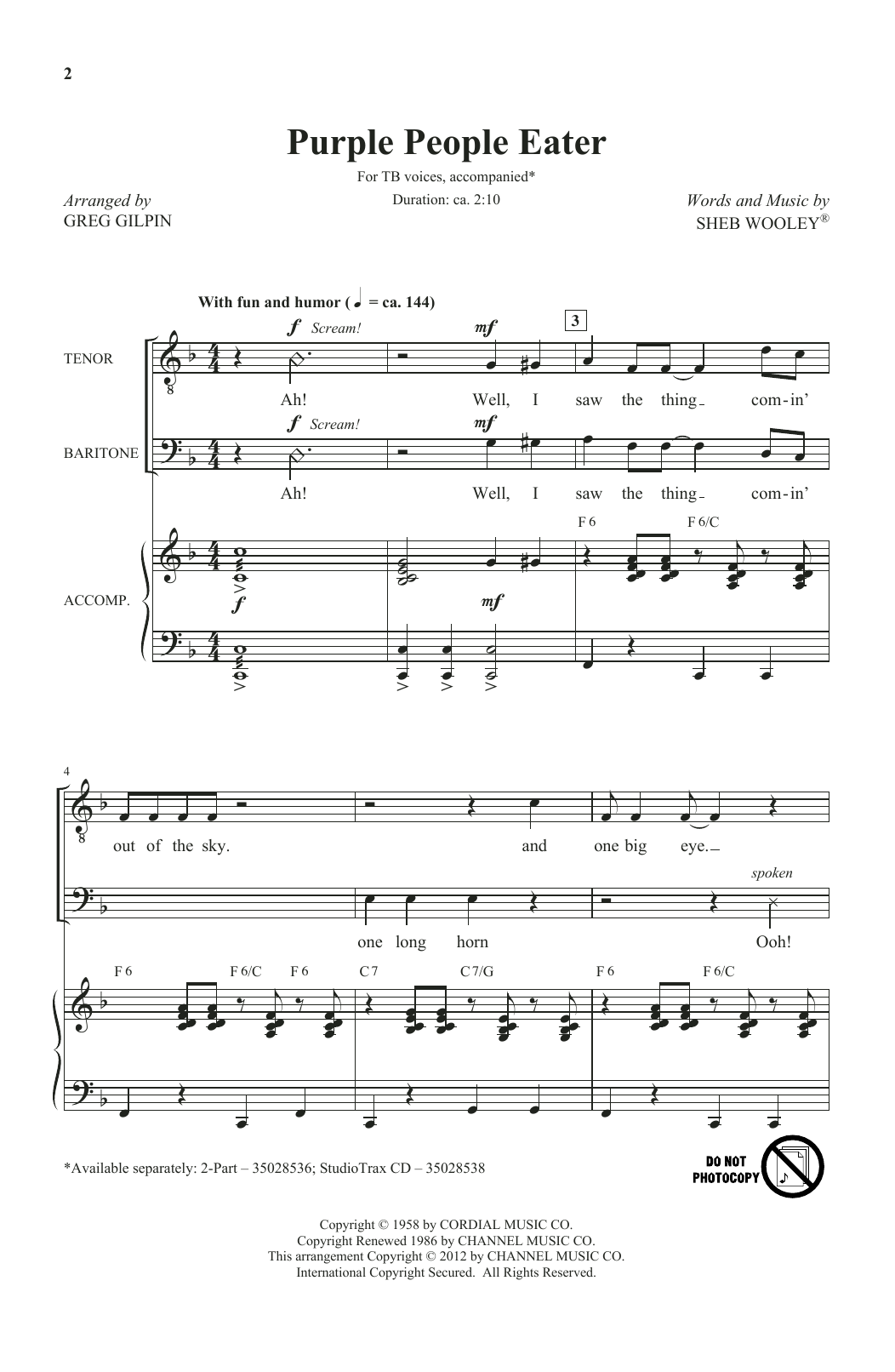 Sheb Wooley Purple People Eater (arr. Greg Gilpin) Sheet Music Notes & Chords for TB Choir - Download or Print PDF