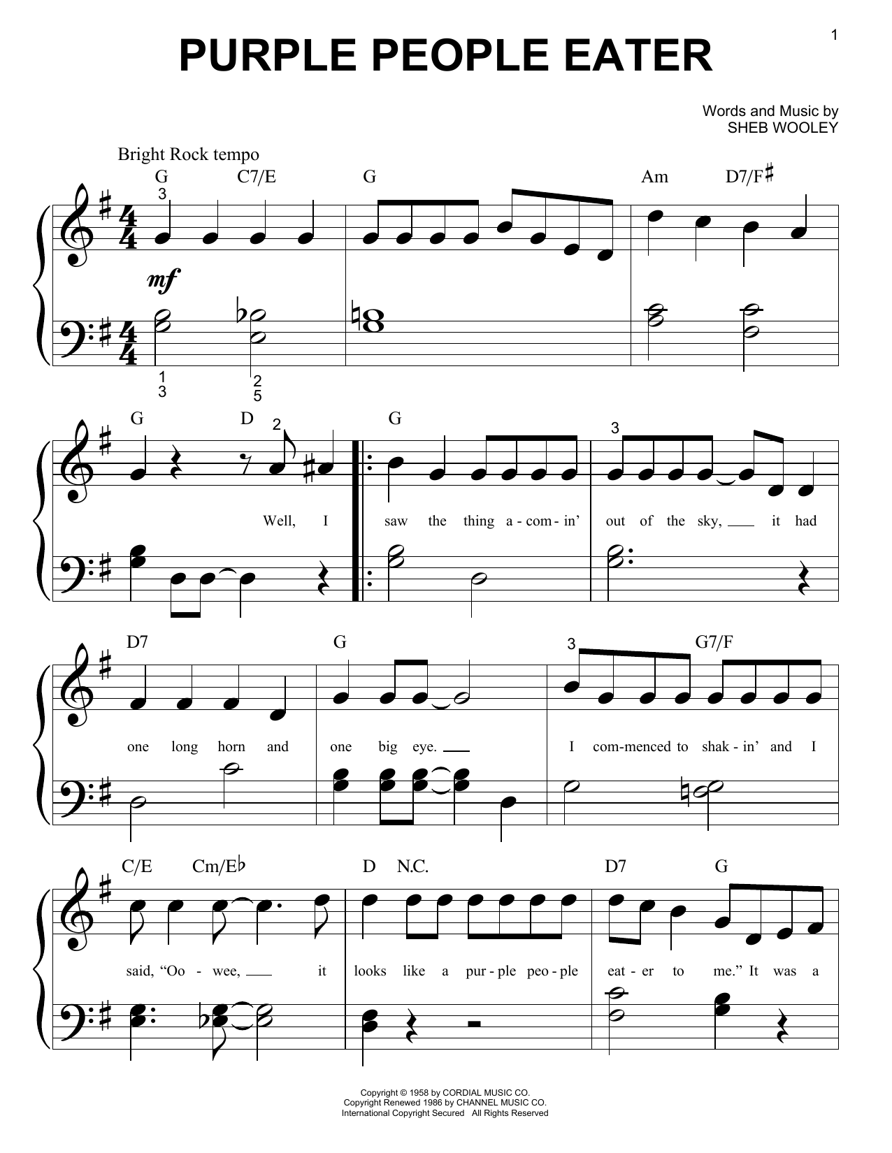 Sheb Wooley Purple People Eater Sheet Music Notes & Chords for Easy Guitar Tab - Download or Print PDF