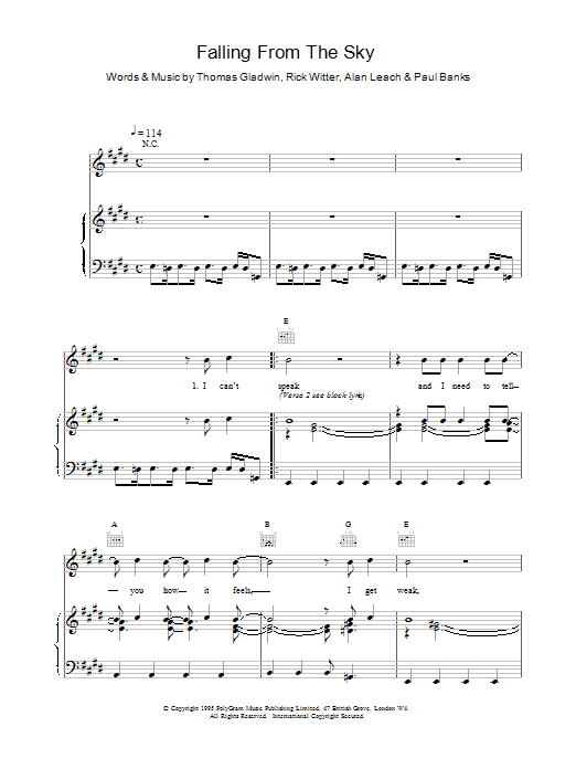 Shed Seven Falling From the Sky Sheet Music Notes & Chords for Piano, Vocal & Guitar (Right-Hand Melody) - Download or Print PDF