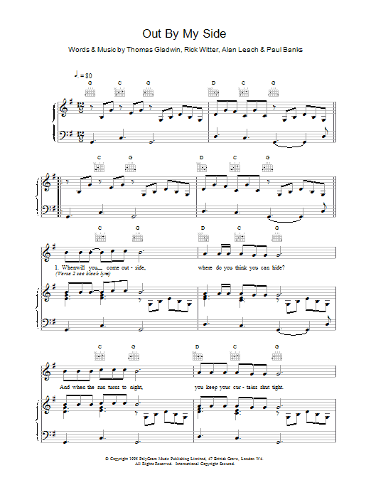 Shed Seven Out By My Side Sheet Music Notes & Chords for Piano, Vocal & Guitar (Right-Hand Melody) - Download or Print PDF