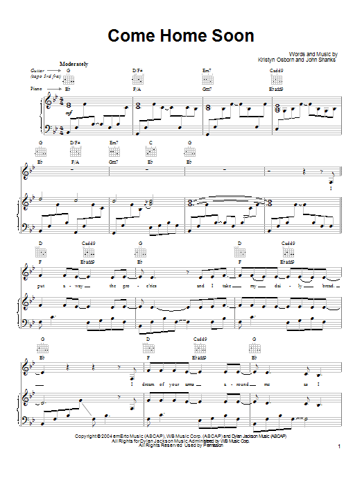 SHeDAISY Come Home Soon Sheet Music Notes & Chords for Piano, Vocal & Guitar (Right-Hand Melody) - Download or Print PDF