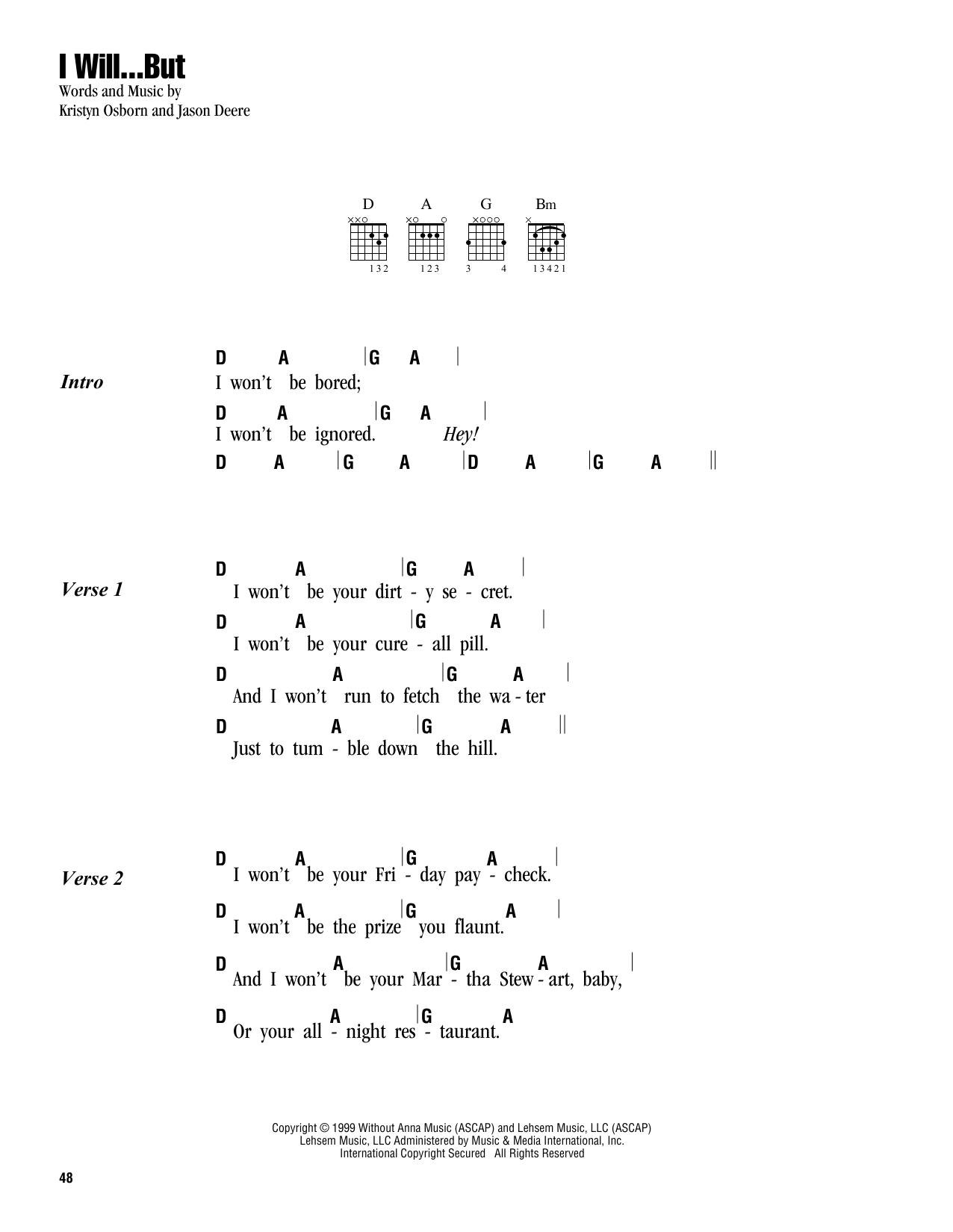SHeDAISY I Will...But Sheet Music Notes & Chords for Lyrics & Chords - Download or Print PDF