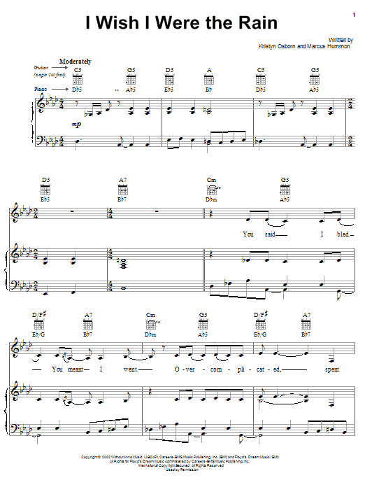 SHeDAISY I Wish I Were The Rain Sheet Music Notes & Chords for Piano, Vocal & Guitar (Right-Hand Melody) - Download or Print PDF