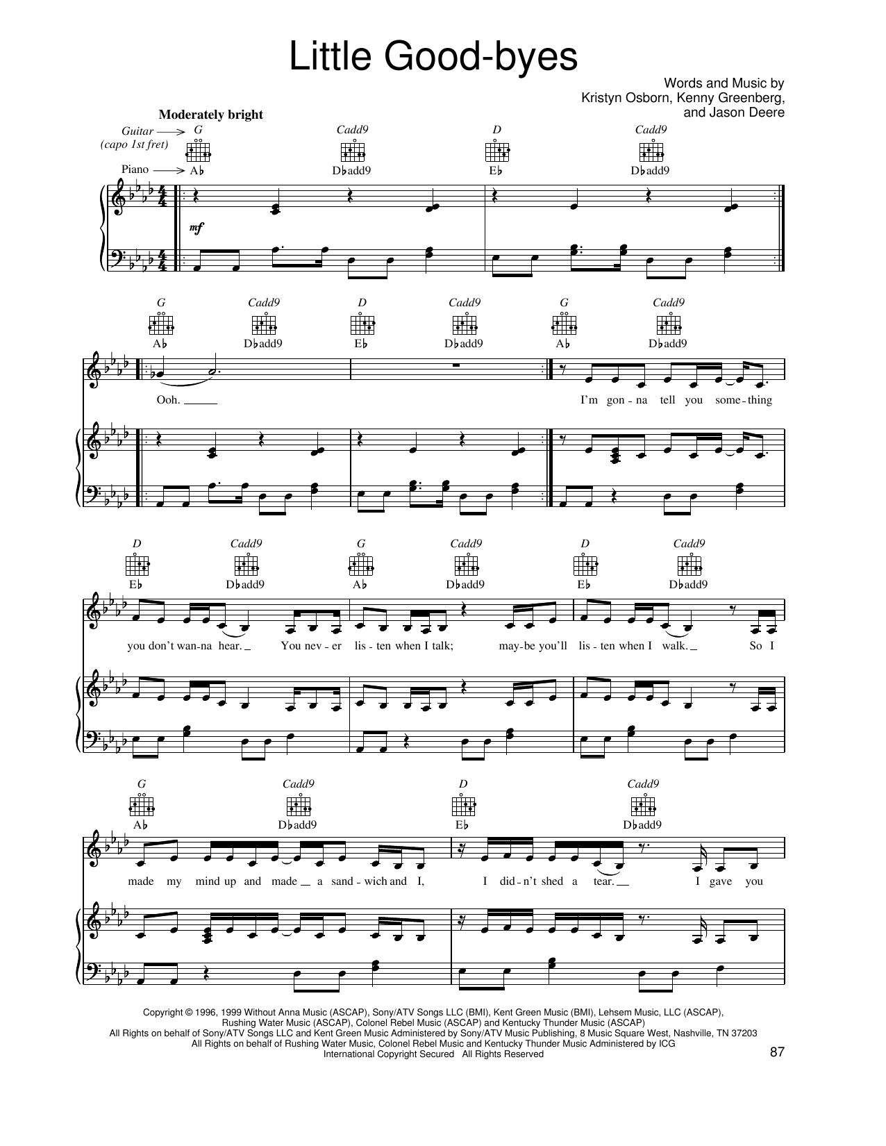 SHeDAISY Little Good-byes Sheet Music Notes & Chords for Piano, Vocal & Guitar (Right-Hand Melody) - Download or Print PDF