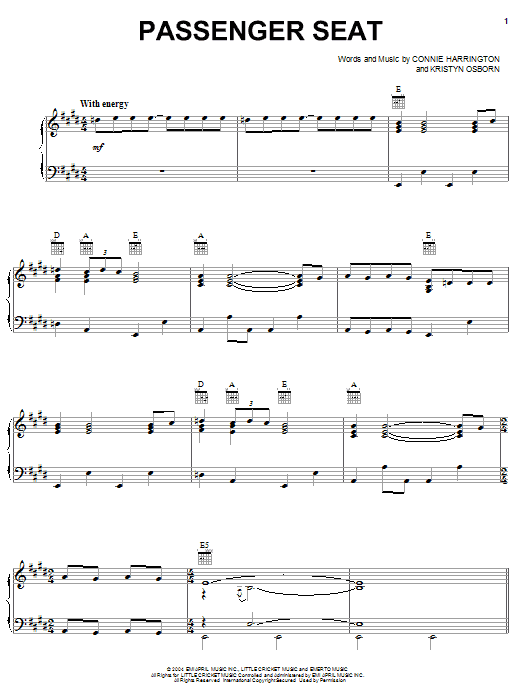 SHeDAISY Passenger Seat Sheet Music Notes & Chords for Piano, Vocal & Guitar (Right-Hand Melody) - Download or Print PDF