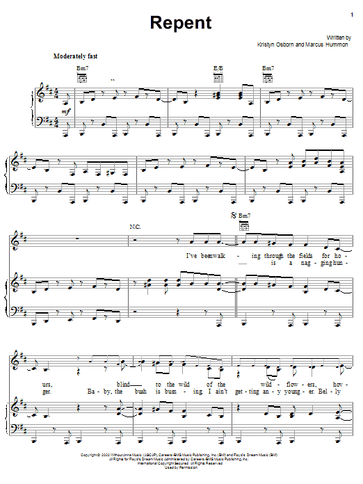 SHeDAISY Repent Sheet Music Notes & Chords for Piano, Vocal & Guitar (Right-Hand Melody) - Download or Print PDF