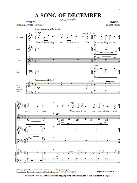 Sheena Phillips A Song Of December Sheet Music Notes & Chords for SATB - Download or Print PDF