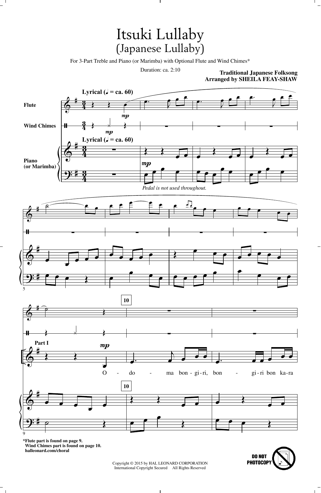 Japanese Folksong Itsuki Lullaby (arr. Sheila Feay-Shaw) Sheet Music Notes & Chords for 3-Part Treble - Download or Print PDF