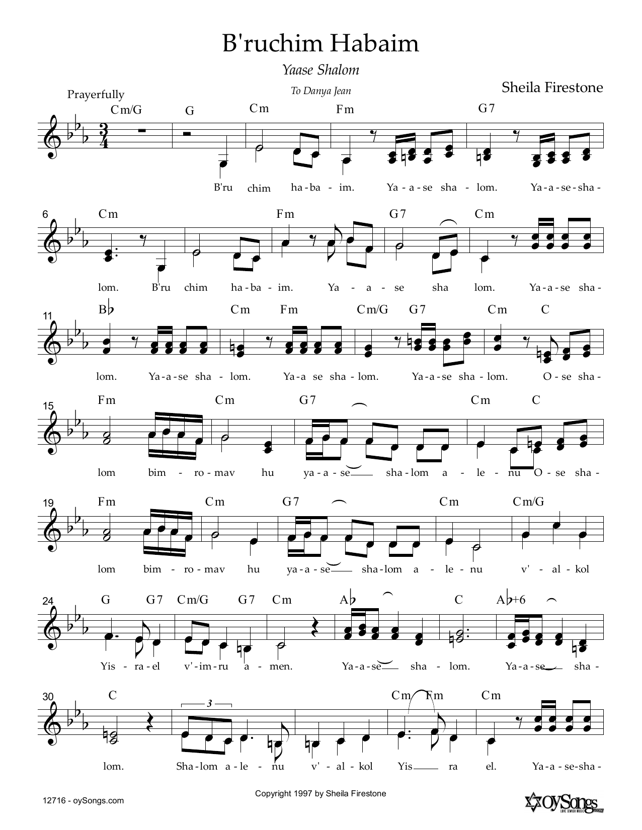Sheila Firestone B'ruchim Habaim Sheet Music Notes & Chords for Piano, Vocal & Guitar (Right-Hand Melody) - Download or Print PDF