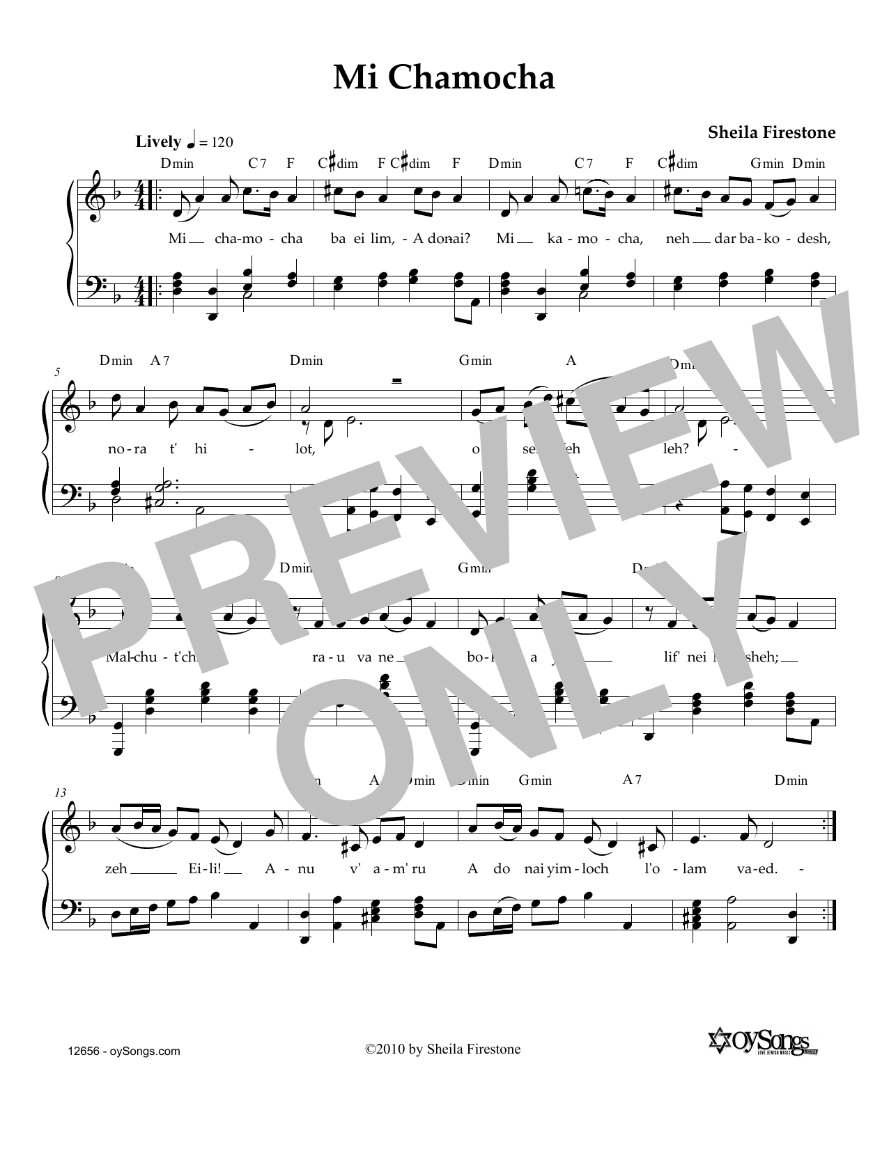 Sheila Firestone Mi Chamocha Sheet Music Notes & Chords for Piano, Vocal & Guitar (Right-Hand Melody) - Download or Print PDF