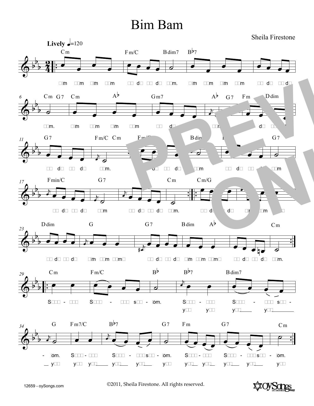 Sheila Firestone Niggun Bim Bam Sheet Music Notes & Chords for Piano, Vocal & Guitar (Right-Hand Melody) - Download or Print PDF