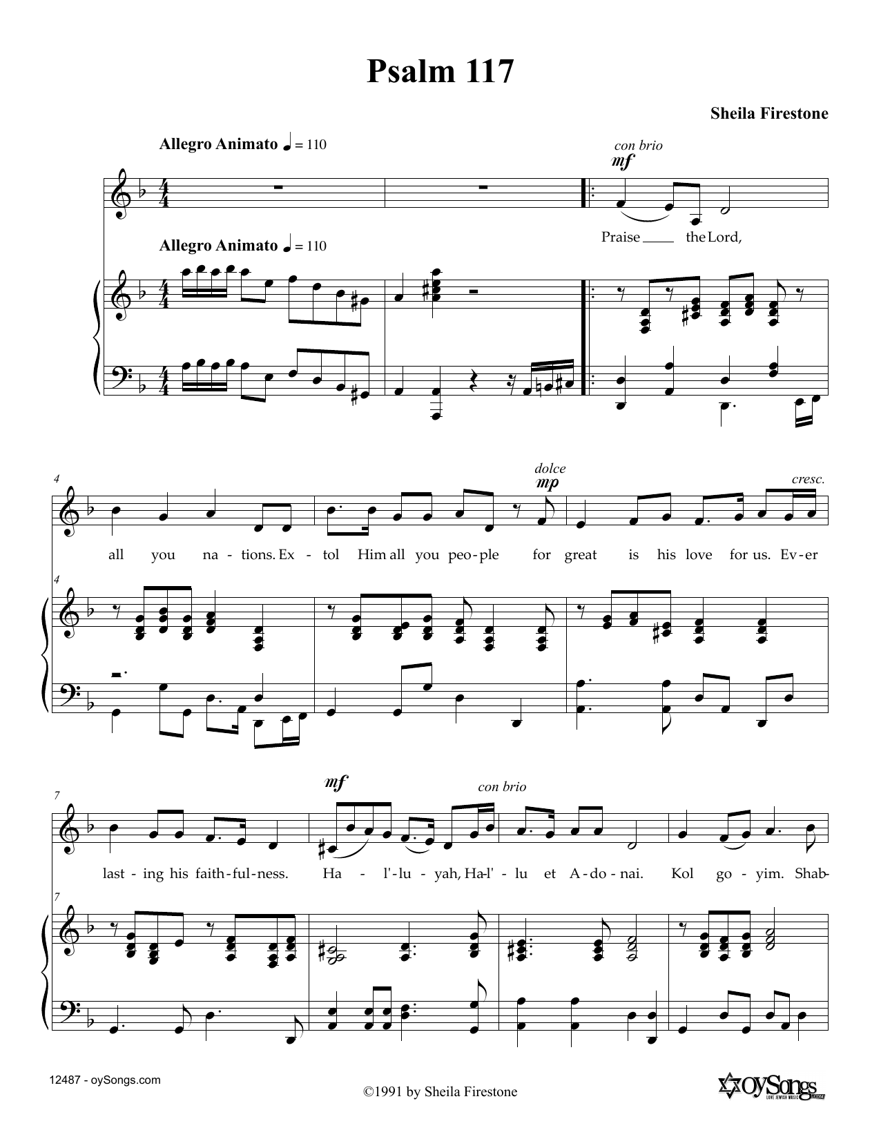 Sheila Firestone Psalm 117 Sheet Music Notes & Chords for Piano, Vocal & Guitar (Right-Hand Melody) - Download or Print PDF