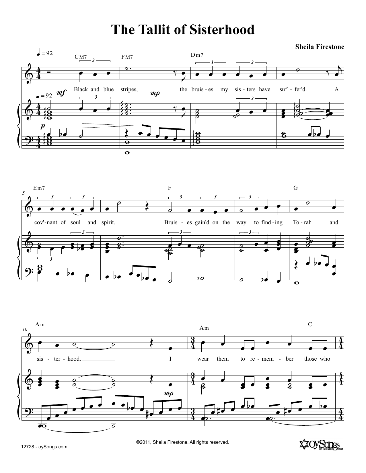 Sheila Firestone Tallit of Sisterhood Sheet Music Notes & Chords for Piano, Vocal & Guitar (Right-Hand Melody) - Download or Print PDF