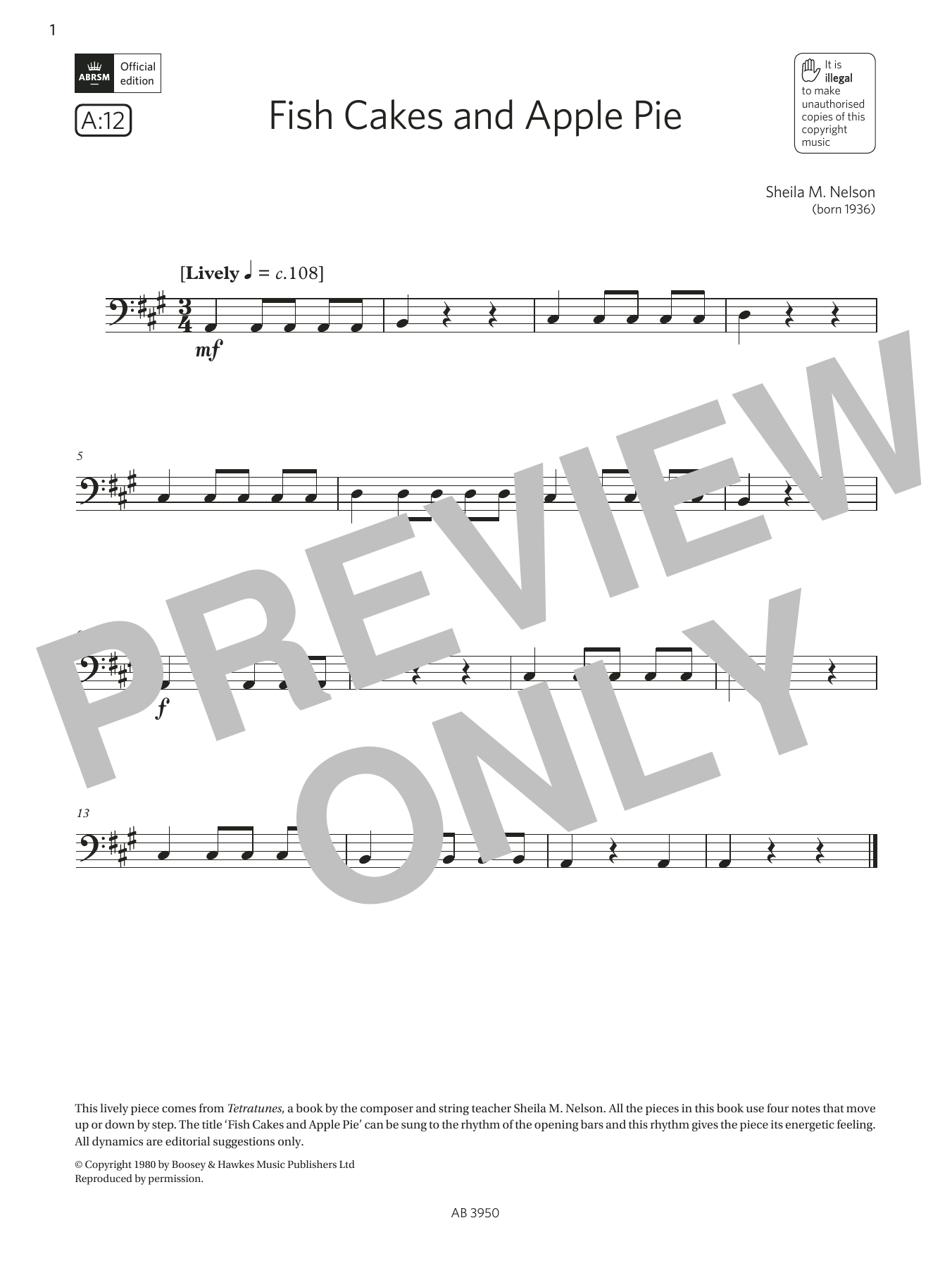 Sheila M. Nelson Fish Cakes and Apple Pie (Grade Initial, A12, from the ABRSM Double Bass Syllabus from 2024) Sheet Music Notes & Chords for String Bass Solo - Download or Print PDF