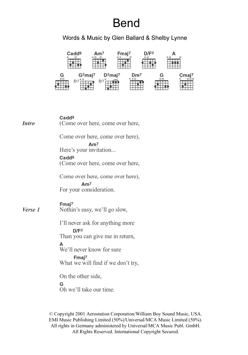 Shelby Lynne Bend Sheet Music Notes & Chords for Lyrics & Chords - Download or Print PDF