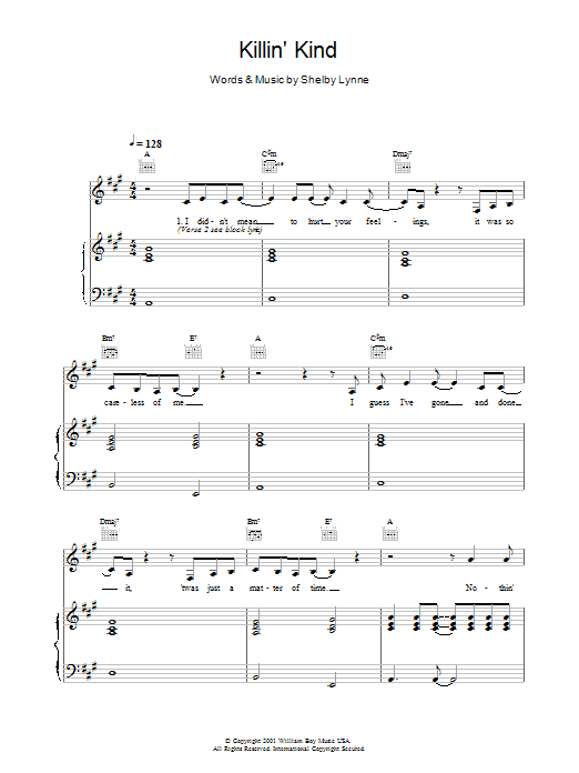 Shelby Lynne Killin' Kind Sheet Music Notes & Chords for Piano, Vocal & Guitar - Download or Print PDF
