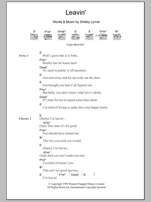 Shelby Lynne Leavin' Sheet Music Notes & Chords for Lyrics & Chords - Download or Print PDF