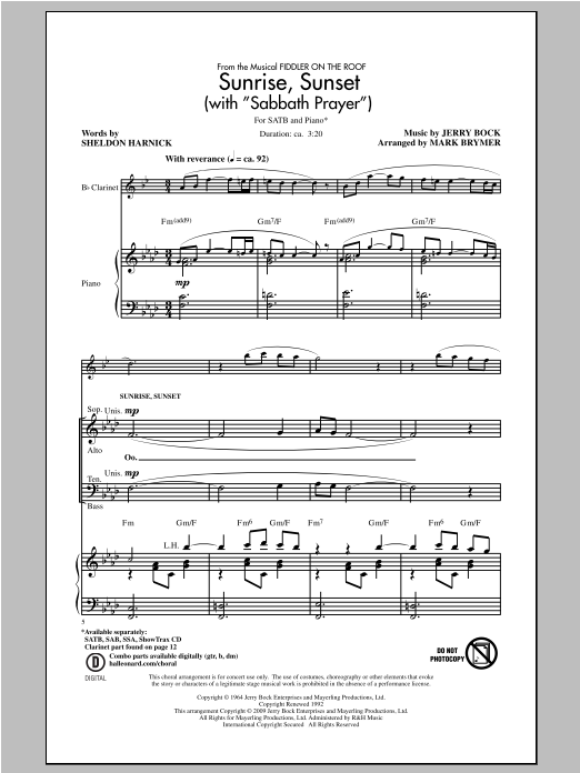 Mark Brymer Sunrise, Sunset (with Sabbath Prayer) Sheet Music Notes & Chords for SATB - Download or Print PDF