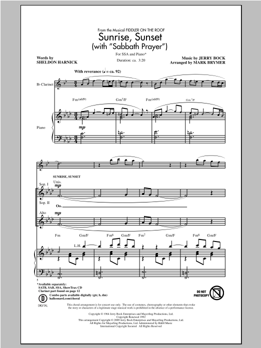 Mark Brymer Sunrise, Sunset (with Sabbath Prayer) Sheet Music Notes & Chords for SSA - Download or Print PDF