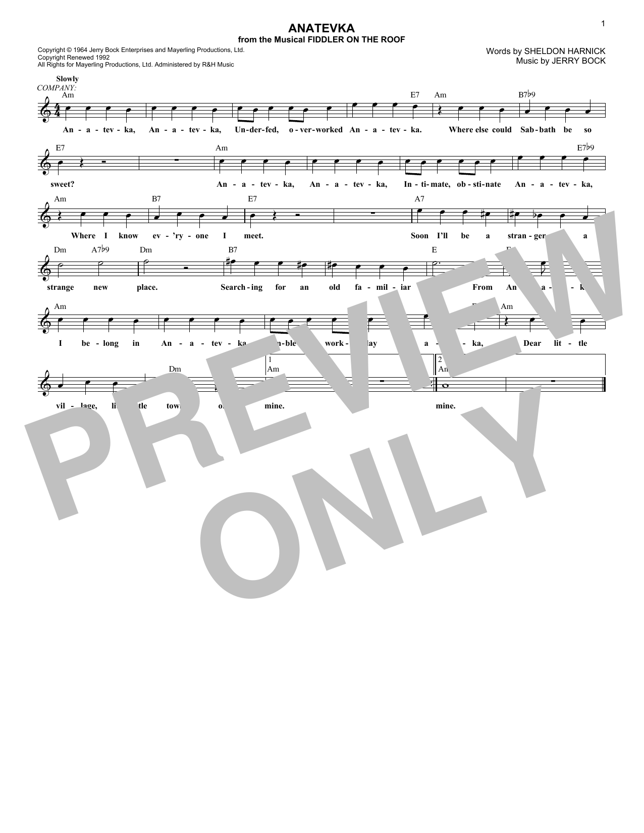 Sheldon Harnick Anatevka Sheet Music Notes & Chords for Melody Line, Lyrics & Chords - Download or Print PDF