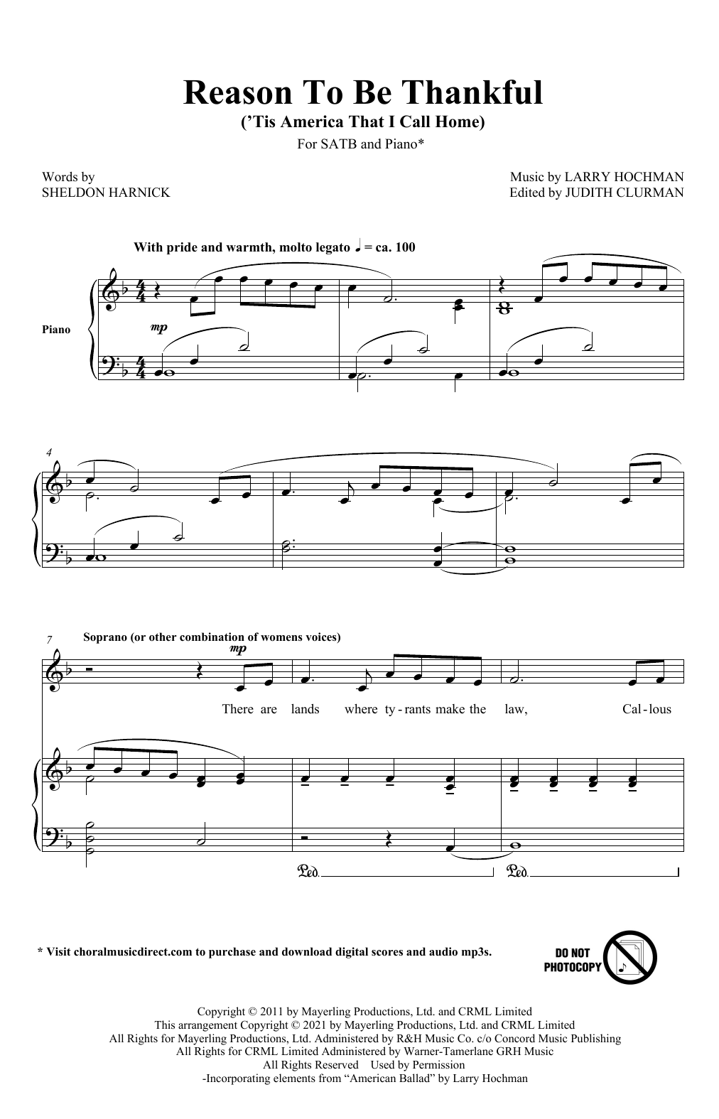 Sheldon Harnick and Larry Hochman Reason To Be Thankful ('Tis America That I Call Home) Sheet Music Notes & Chords for SATB Choir - Download or Print PDF